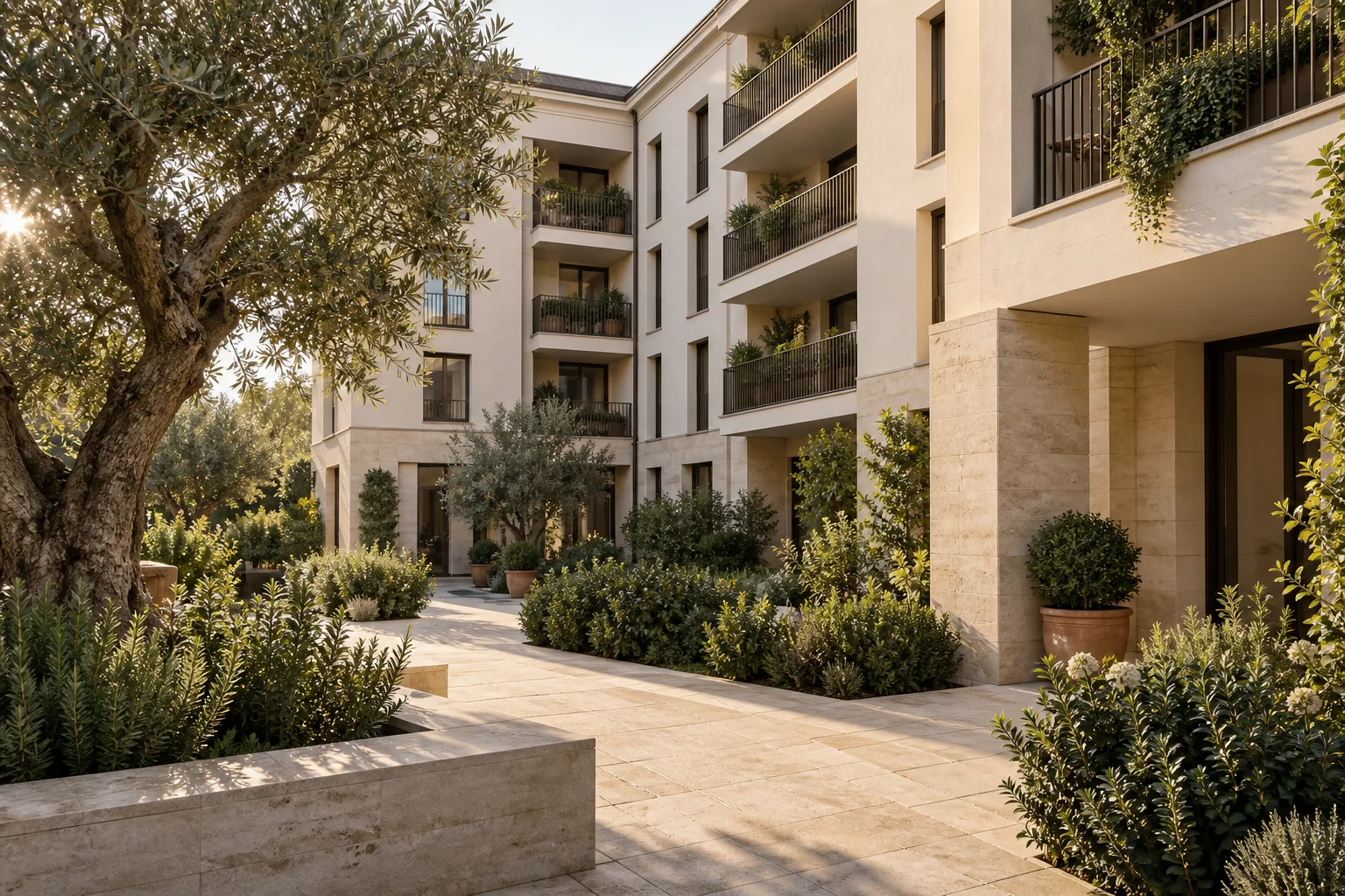 Cortile residenziale italiano con balconi, alberi e spazi comuni luminosi